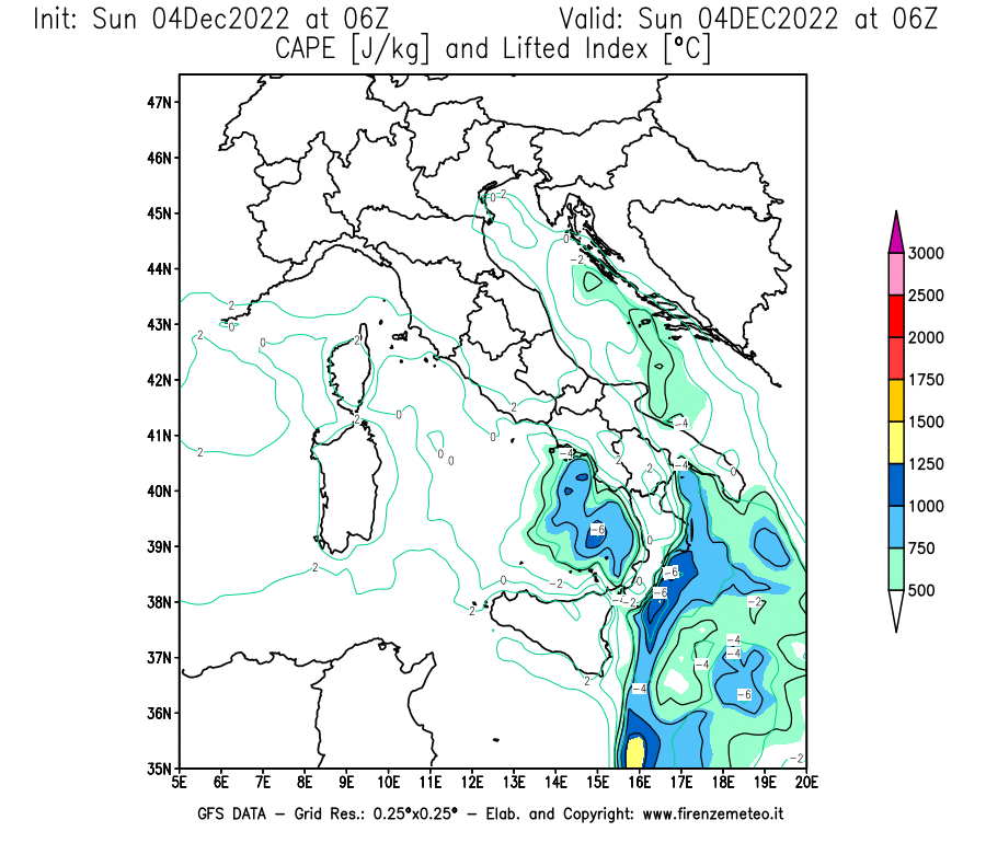 Mappa di analisi GFS - CAPE [J/kg] e Lifted Index [°C] in Italia
							del 04/12/2022 06 <!--googleoff: index-->UTC<!--googleon: index-->