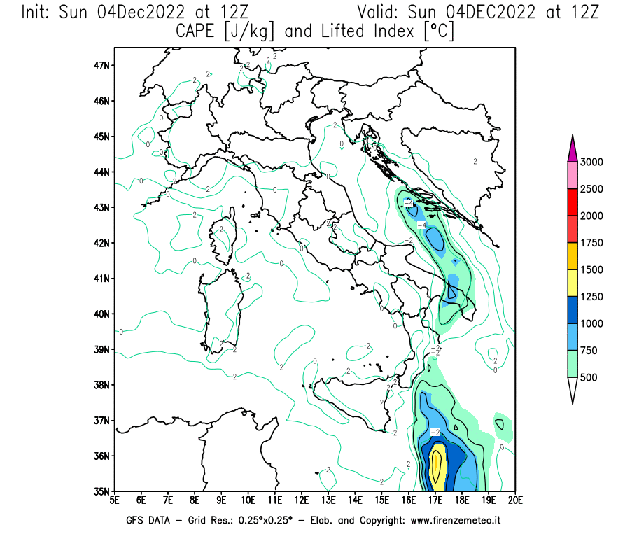 Mappa di analisi GFS - CAPE [J/kg] e Lifted Index [°C] in Italia
							del 04/12/2022 12 <!--googleoff: index-->UTC<!--googleon: index-->