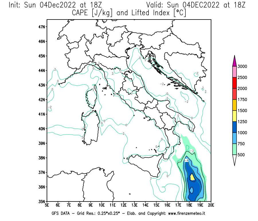 Mappa di analisi GFS - CAPE [J/kg] e Lifted Index [°C] in Italia
							del 04/12/2022 18 <!--googleoff: index-->UTC<!--googleon: index-->