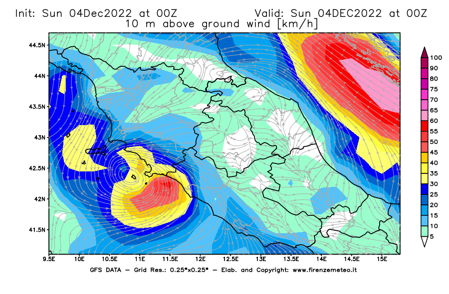 Mappa di analisi GFS - Velocità del vento a 10 metri dal suolo [km/h] in Centro-Italia
							del 04/12/2022 00 <!--googleoff: index-->UTC<!--googleon: index-->