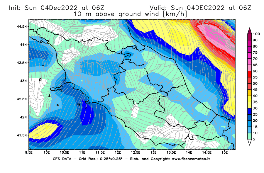 Mappa di analisi GFS - Velocità del vento a 10 metri dal suolo [km/h] in Centro-Italia
							del 04/12/2022 06 <!--googleoff: index-->UTC<!--googleon: index-->