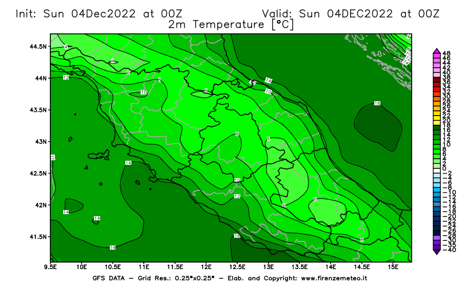 Mappa di analisi GFS - Temperatura a 2 metri dal suolo [°C] in Centro-Italia
							del 04/12/2022 00 <!--googleoff: index-->UTC<!--googleon: index-->