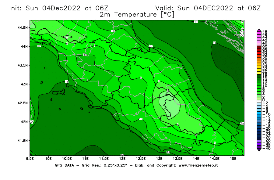 Mappa di analisi GFS - Temperatura a 2 metri dal suolo [°C] in Centro-Italia
							del 04/12/2022 06 <!--googleoff: index-->UTC<!--googleon: index-->