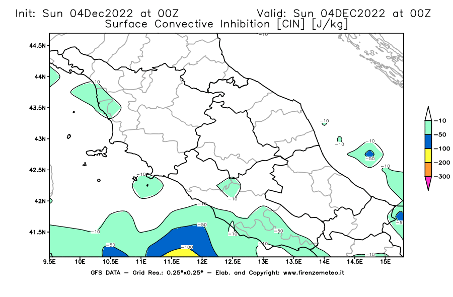 Mappa di analisi GFS - CIN [J/kg] in Centro-Italia
							del 04/12/2022 00 <!--googleoff: index-->UTC<!--googleon: index-->