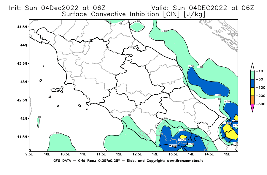 Mappa di analisi GFS - CIN [J/kg] in Centro-Italia
							del 04/12/2022 06 <!--googleoff: index-->UTC<!--googleon: index-->