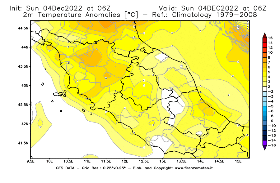 Mappa di analisi GFS - Anomalia Temperatura [°C] a 2 m in Centro-Italia
							del 04/12/2022 06 <!--googleoff: index-->UTC<!--googleon: index-->