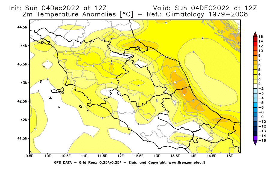 Mappa di analisi GFS - Anomalia Temperatura [°C] a 2 m in Centro-Italia
							del 04/12/2022 12 <!--googleoff: index-->UTC<!--googleon: index-->