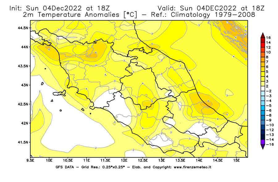 Mappa di analisi GFS - Anomalia Temperatura [°C] a 2 m in Centro-Italia
							del 04/12/2022 18 <!--googleoff: index-->UTC<!--googleon: index-->