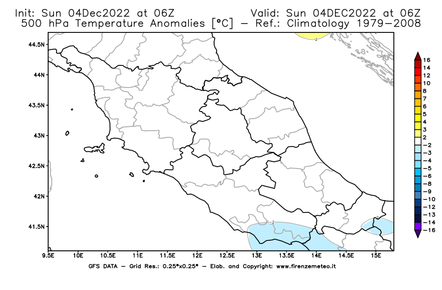 Mappa di analisi GFS - Anomalia Temperatura [°C] a 500 hPa in Centro-Italia
							del 04/12/2022 06 <!--googleoff: index-->UTC<!--googleon: index-->