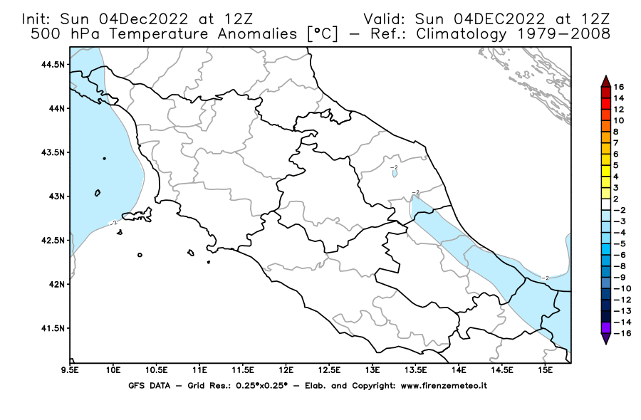 Mappa di analisi GFS - Anomalia Temperatura [°C] a 500 hPa in Centro-Italia
							del 04/12/2022 12 <!--googleoff: index-->UTC<!--googleon: index-->