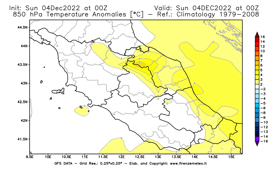 Mappa di analisi GFS - Anomalia Temperatura [°C] a 850 hPa in Centro-Italia
							del 04/12/2022 00 <!--googleoff: index-->UTC<!--googleon: index-->