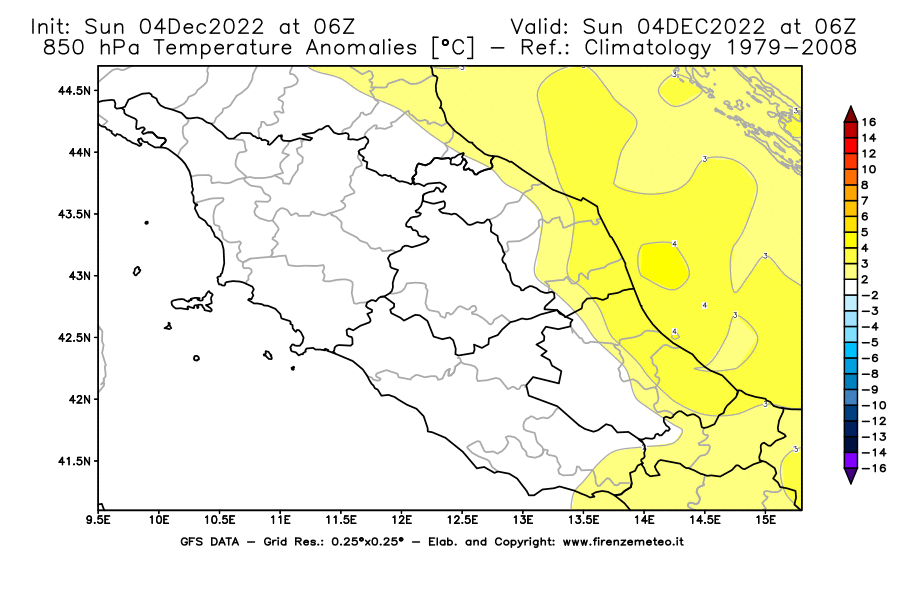 Mappa di analisi GFS - Anomalia Temperatura [°C] a 850 hPa in Centro-Italia
							del 04/12/2022 06 <!--googleoff: index-->UTC<!--googleon: index-->