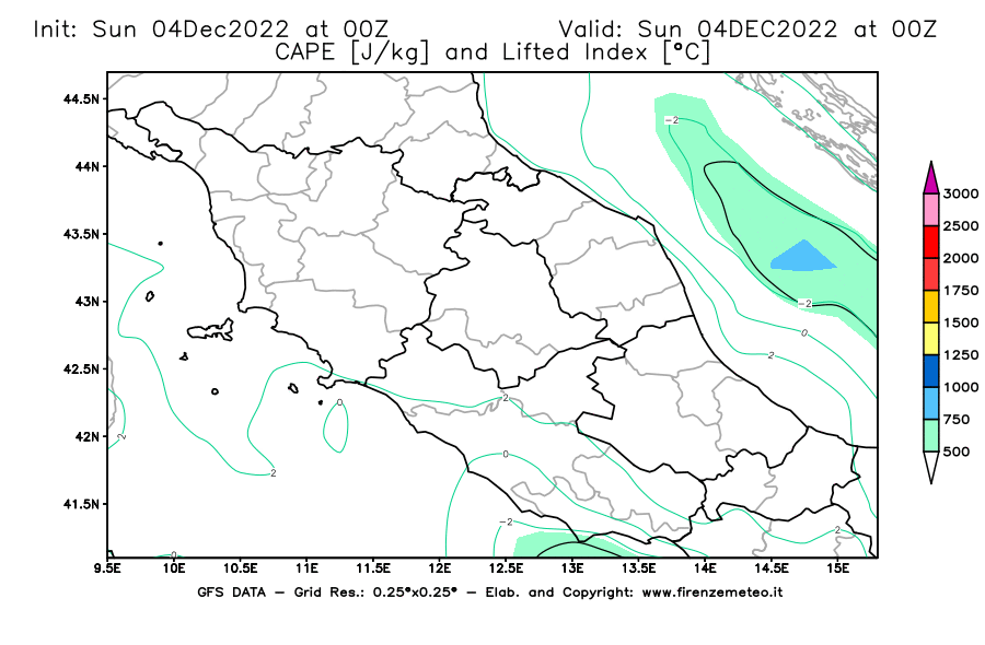 Mappa di analisi GFS - CAPE [J/kg] e Lifted Index [°C] in Centro-Italia
							del 04/12/2022 00 <!--googleoff: index-->UTC<!--googleon: index-->