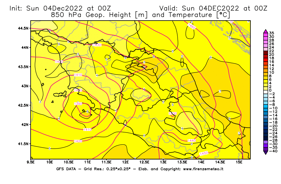 Mappa di analisi GFS - Geopotenziale [m] e Temperatura [°C] a 850 hPa in Centro-Italia
							del 04/12/2022 00 <!--googleoff: index-->UTC<!--googleon: index-->