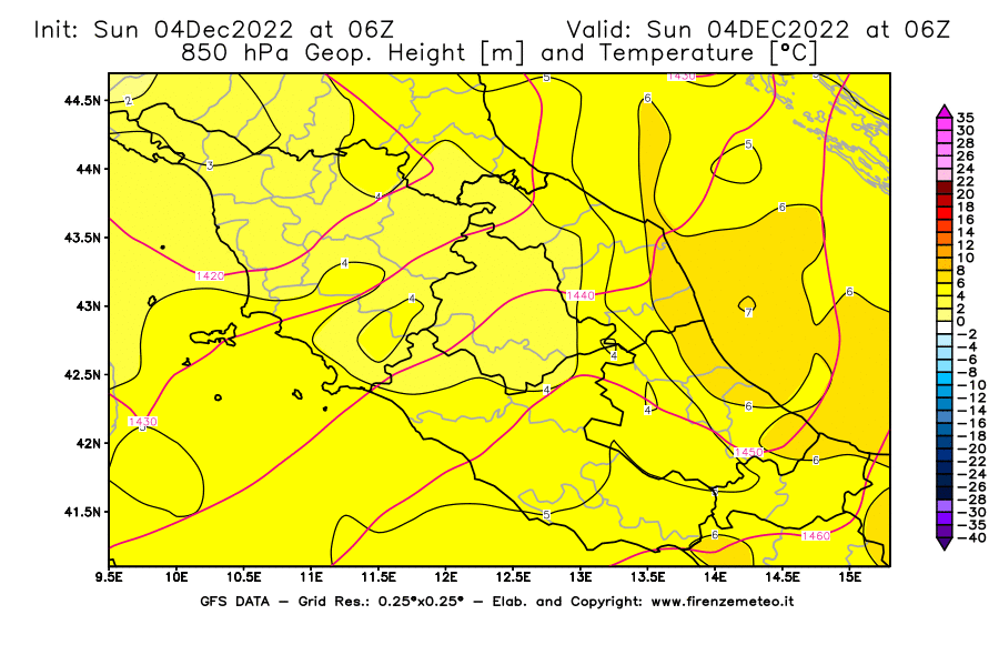 Mappa di analisi GFS - Geopotenziale [m] e Temperatura [°C] a 850 hPa in Centro-Italia
							del 04/12/2022 06 <!--googleoff: index-->UTC<!--googleon: index-->