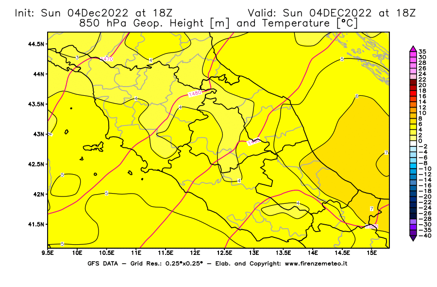Mappa di analisi GFS - Geopotenziale [m] e Temperatura [°C] a 850 hPa in Centro-Italia
							del 04/12/2022 18 <!--googleoff: index-->UTC<!--googleon: index-->