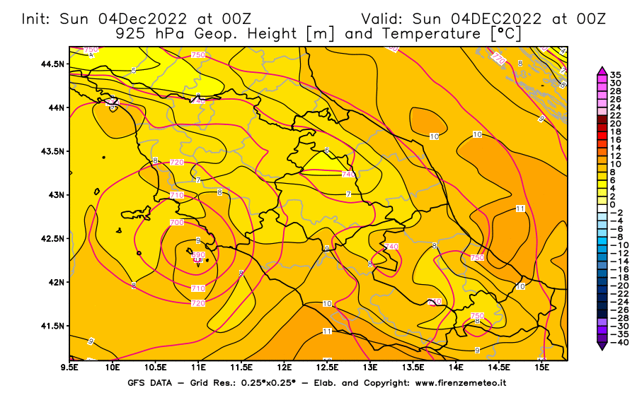 Mappa di analisi GFS - Geopotenziale [m] e Temperatura [°C] a 925 hPa in Centro-Italia
							del 04/12/2022 00 <!--googleoff: index-->UTC<!--googleon: index-->