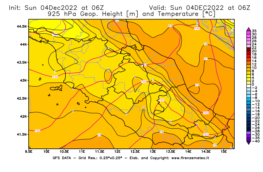 Mappa di analisi GFS - Geopotenziale [m] e Temperatura [°C] a 925 hPa in Centro-Italia
							del 04/12/2022 06 <!--googleoff: index-->UTC<!--googleon: index-->