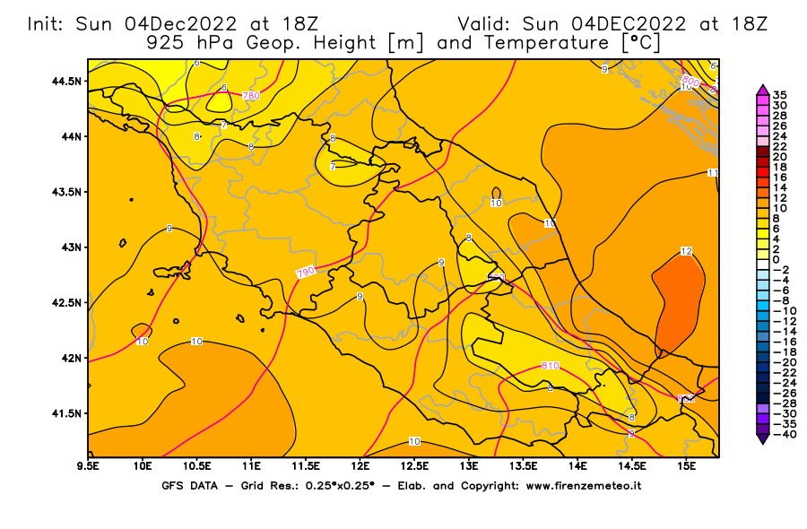 Mappa di analisi GFS - Geopotenziale [m] e Temperatura [°C] a 925 hPa in Centro-Italia
							del 04/12/2022 18 <!--googleoff: index-->UTC<!--googleon: index-->