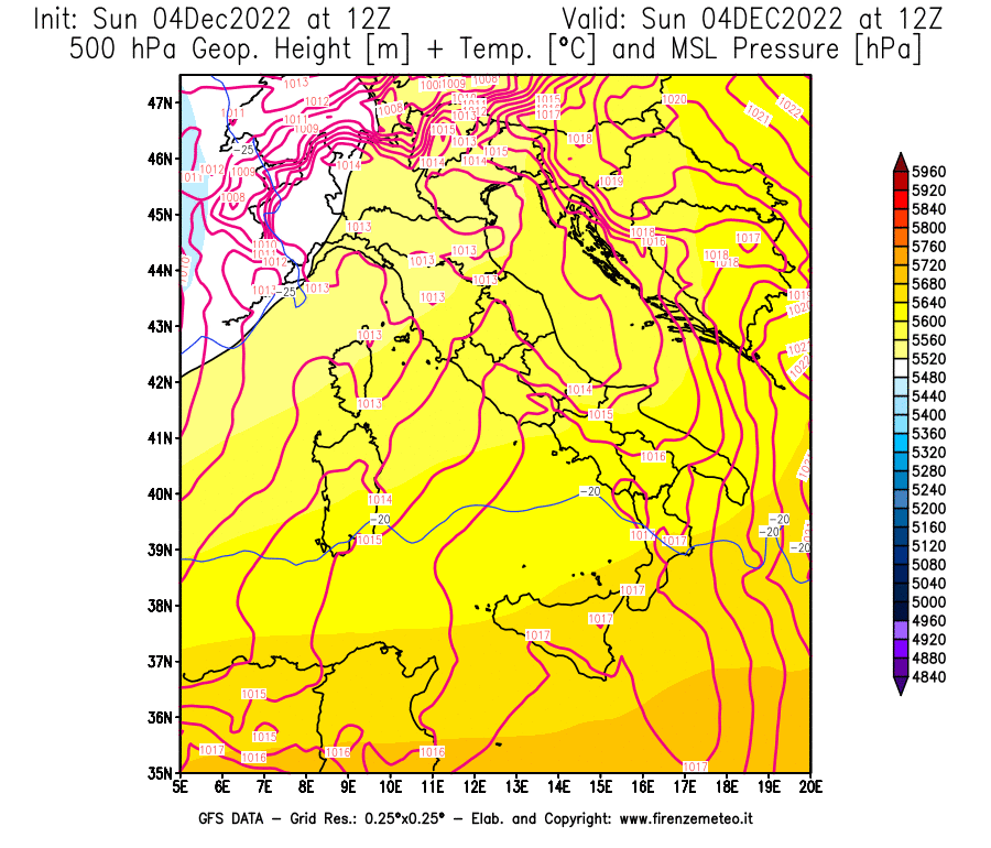 Mappa di analisi GFS - Geopotenziale [m] + Temp. [°C] a 500 hPa + Press. a livello del mare [hPa] in Italia
							del 04/12/2022 12 <!--googleoff: index-->UTC<!--googleon: index-->
