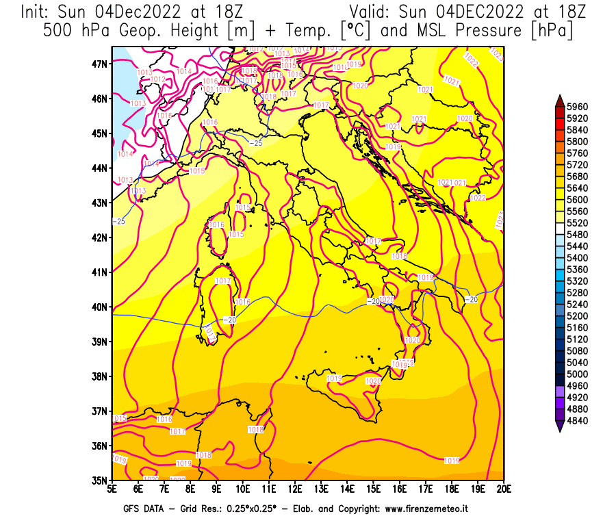 Mappa di analisi GFS - Geopotenziale [m] + Temp. [°C] a 500 hPa + Press. a livello del mare [hPa] in Italia
							del 04/12/2022 18 <!--googleoff: index-->UTC<!--googleon: index-->
