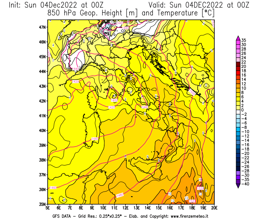 Mappa di analisi GFS - Geopotenziale [m] e Temperatura [°C] a 850 hPa in Italia
							del 04/12/2022 00 <!--googleoff: index-->UTC<!--googleon: index-->