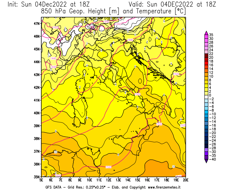 Mappa di analisi GFS - Geopotenziale [m] e Temperatura [°C] a 850 hPa in Italia
							del 04/12/2022 18 <!--googleoff: index-->UTC<!--googleon: index-->
