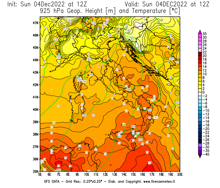 Mappa di analisi GFS - Geopotenziale [m] e Temperatura [°C] a 925 hPa in Italia
							del 04/12/2022 12 <!--googleoff: index-->UTC<!--googleon: index-->