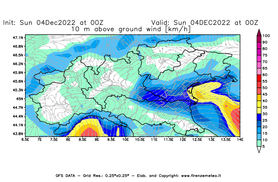 Mappa di analisi GFS - Velocità del vento a 10 metri dal suolo [km/h] in Nord-Italia
							del 04/12/2022 00 <!--googleoff: index-->UTC<!--googleon: index-->