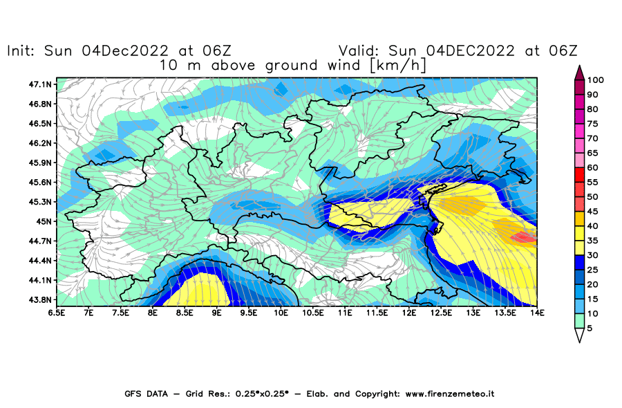 Mappa di analisi GFS - Velocità del vento a 10 metri dal suolo [km/h] in Nord-Italia
							del 04/12/2022 06 <!--googleoff: index-->UTC<!--googleon: index-->