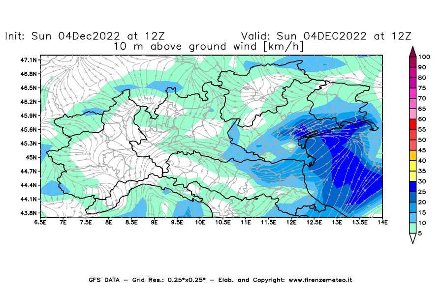 Mappa di analisi GFS - Velocità del vento a 10 metri dal suolo [km/h] in Nord-Italia
							del 04/12/2022 12 <!--googleoff: index-->UTC<!--googleon: index-->