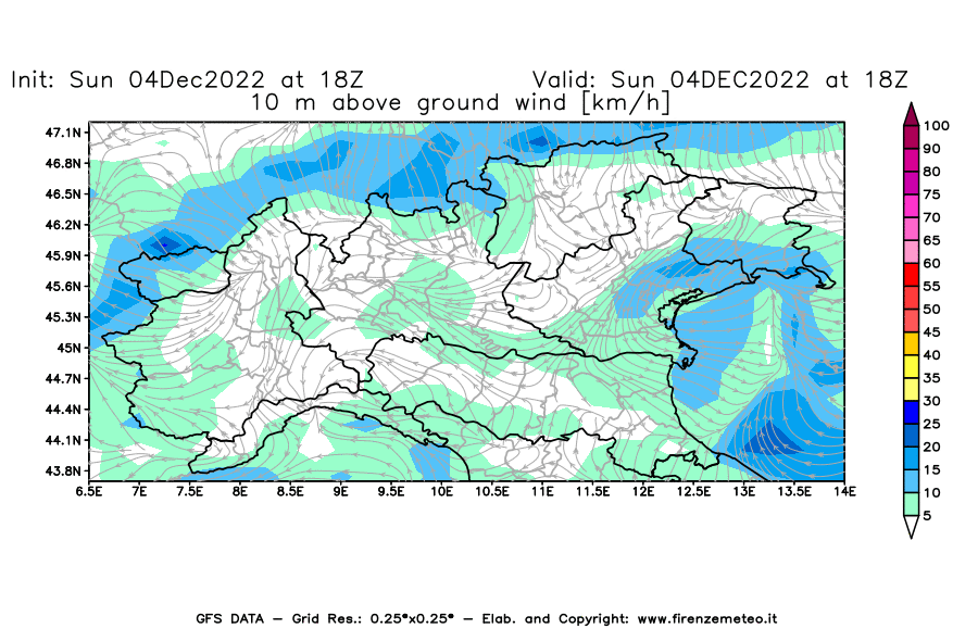 Mappa di analisi GFS - Velocità del vento a 10 metri dal suolo [km/h] in Nord-Italia
							del 04/12/2022 18 <!--googleoff: index-->UTC<!--googleon: index-->