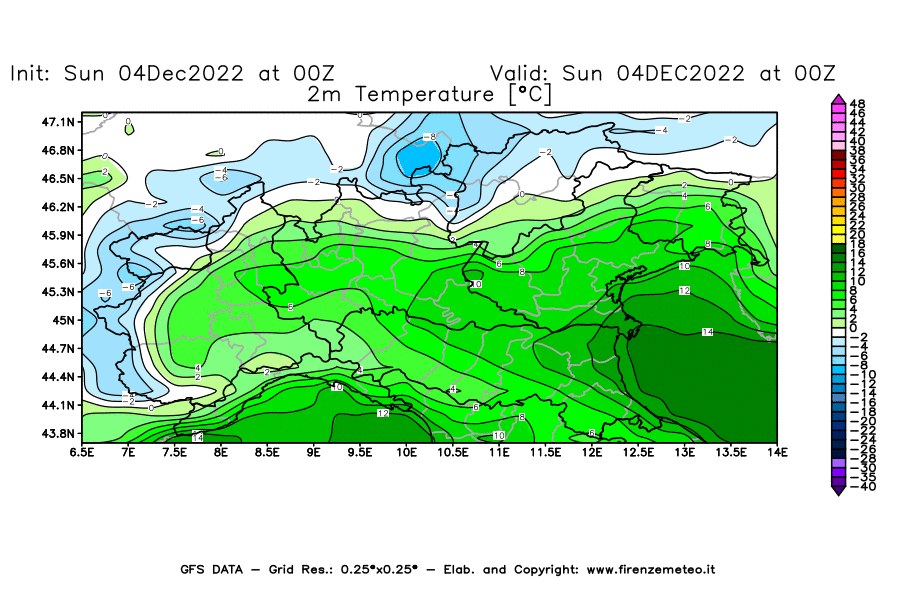 Mappa di analisi GFS - Temperatura a 2 metri dal suolo [°C] in Nord-Italia
							del 04/12/2022 00 <!--googleoff: index-->UTC<!--googleon: index-->
