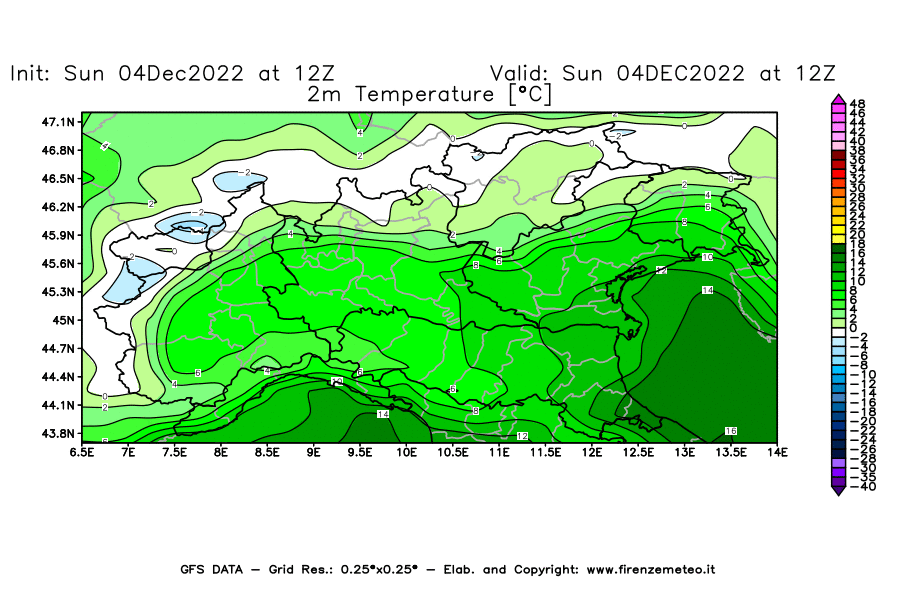 Mappa di analisi GFS - Temperatura a 2 metri dal suolo [°C] in Nord-Italia
							del 04/12/2022 12 <!--googleoff: index-->UTC<!--googleon: index-->