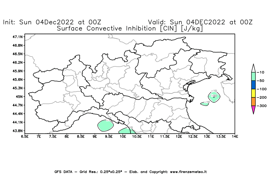Mappa di analisi GFS - CIN [J/kg] in Nord-Italia
							del 04/12/2022 00 <!--googleoff: index-->UTC<!--googleon: index-->