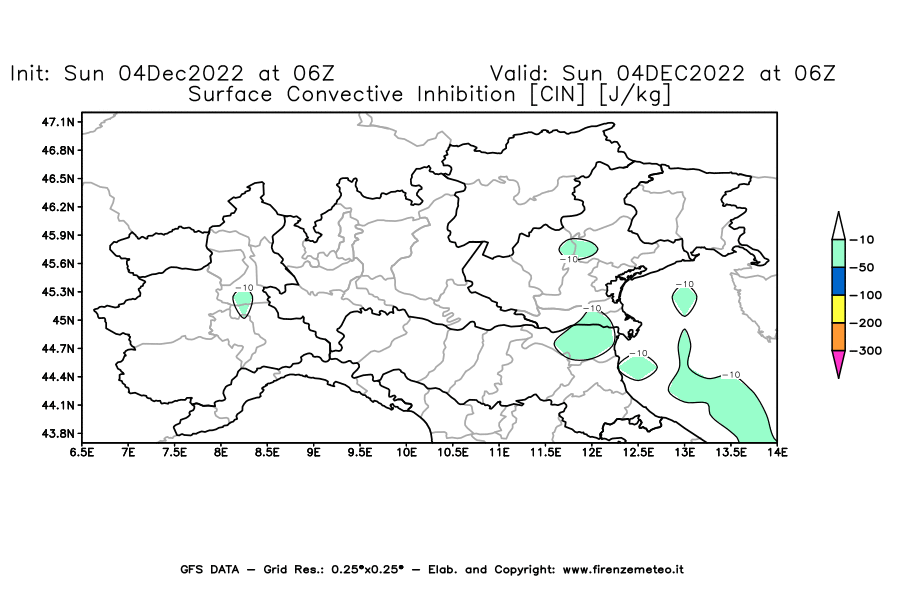 Mappa di analisi GFS - CIN [J/kg] in Nord-Italia
							del 04/12/2022 06 <!--googleoff: index-->UTC<!--googleon: index-->