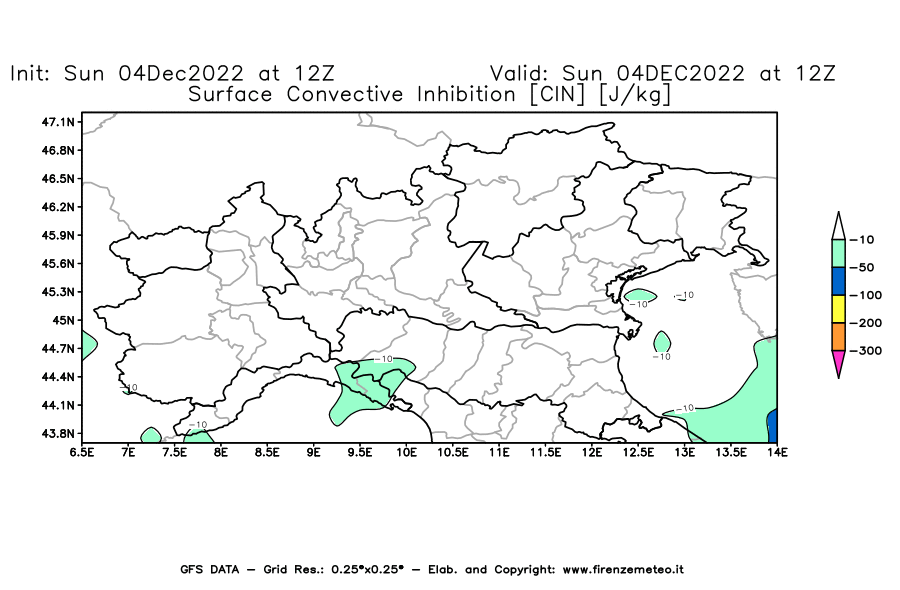 Mappa di analisi GFS - CIN [J/kg] in Nord-Italia
							del 04/12/2022 12 <!--googleoff: index-->UTC<!--googleon: index-->