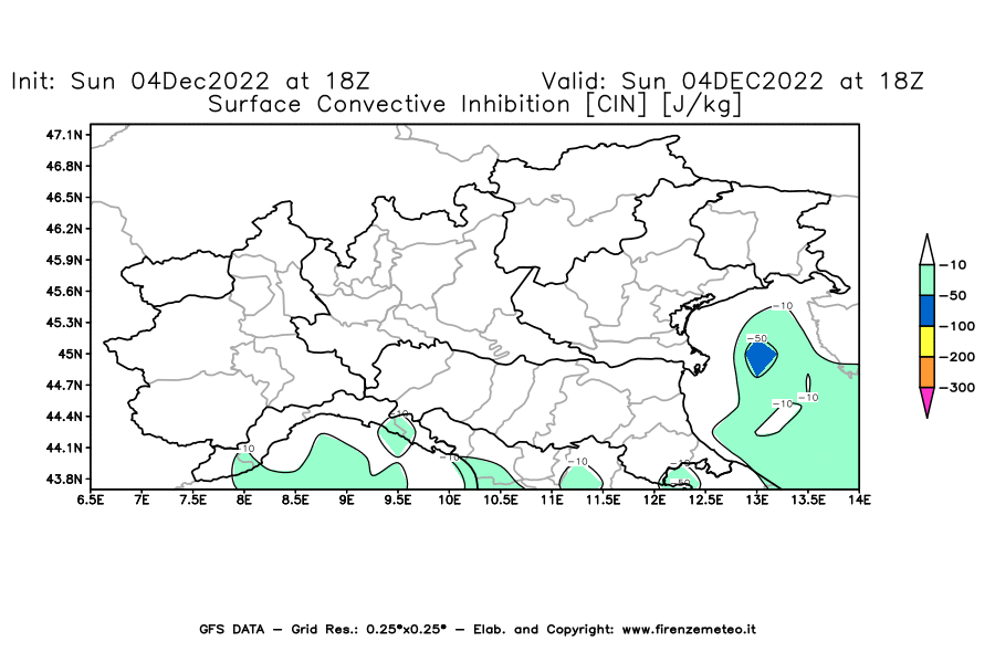 Mappa di analisi GFS - CIN [J/kg] in Nord-Italia
							del 04/12/2022 18 <!--googleoff: index-->UTC<!--googleon: index-->