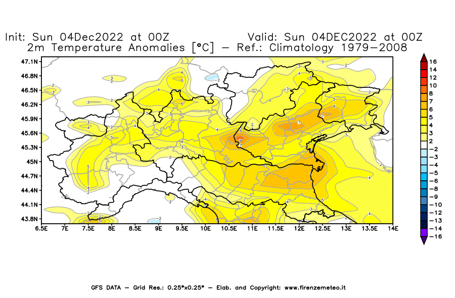Mappa di analisi GFS - Anomalia Temperatura [°C] a 2 m in Nord-Italia
							del 04/12/2022 00 <!--googleoff: index-->UTC<!--googleon: index-->