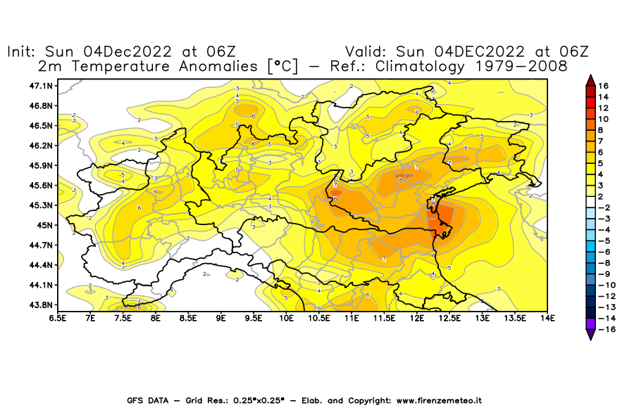 Mappa di analisi GFS - Anomalia Temperatura [°C] a 2 m in Nord-Italia
							del 04/12/2022 06 <!--googleoff: index-->UTC<!--googleon: index-->