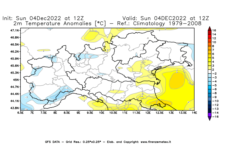Mappa di analisi GFS - Anomalia Temperatura [°C] a 2 m in Nord-Italia
							del 04/12/2022 12 <!--googleoff: index-->UTC<!--googleon: index-->