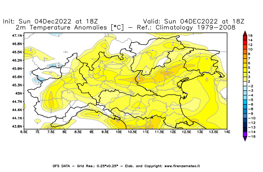 Mappa di analisi GFS - Anomalia Temperatura [°C] a 2 m in Nord-Italia
							del 04/12/2022 18 <!--googleoff: index-->UTC<!--googleon: index-->
