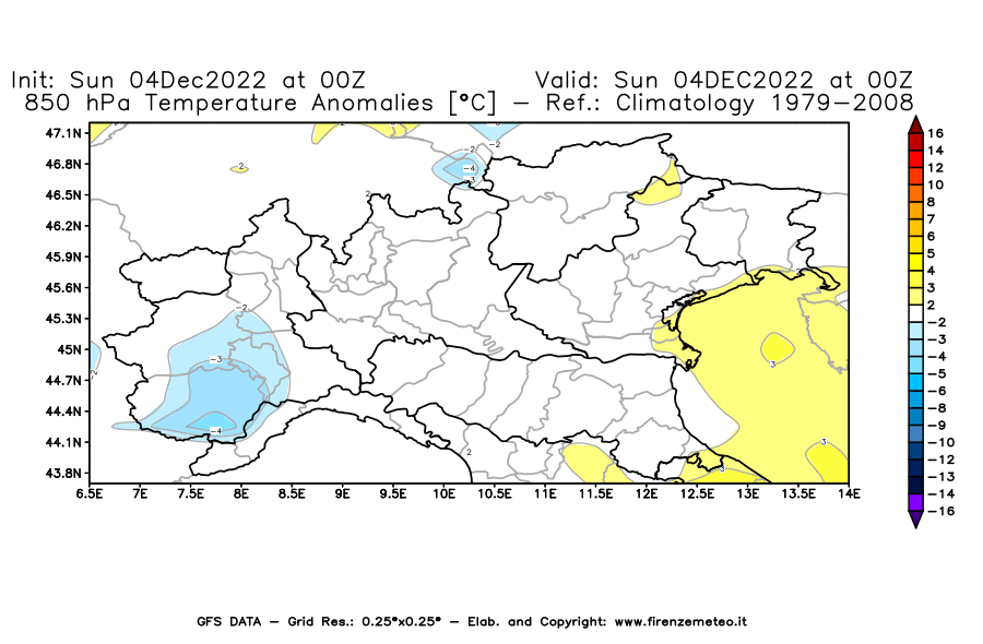 Mappa di analisi GFS - Anomalia Temperatura [°C] a 850 hPa in Nord-Italia
							del 04/12/2022 00 <!--googleoff: index-->UTC<!--googleon: index-->