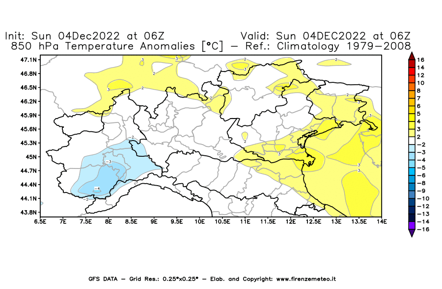 Mappa di analisi GFS - Anomalia Temperatura [°C] a 850 hPa in Nord-Italia
							del 04/12/2022 06 <!--googleoff: index-->UTC<!--googleon: index-->