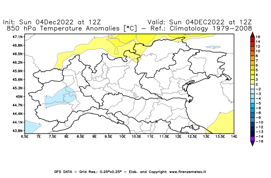 Mappa di analisi GFS - Anomalia Temperatura [°C] a 850 hPa in Nord-Italia
							del 04/12/2022 12 <!--googleoff: index-->UTC<!--googleon: index-->