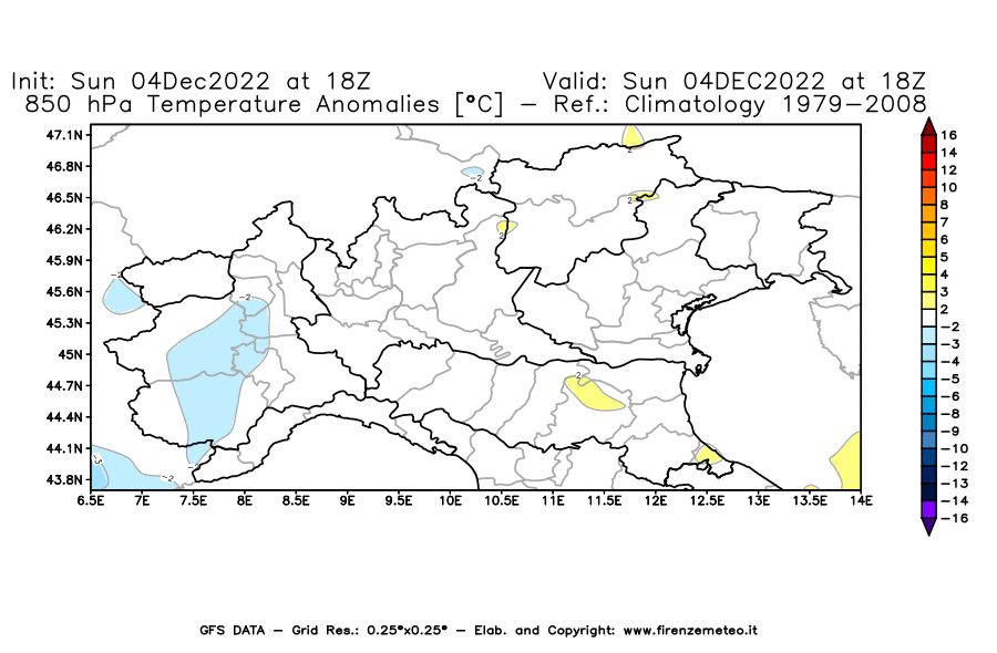 Mappa di analisi GFS - Anomalia Temperatura [°C] a 850 hPa in Nord-Italia
							del 04/12/2022 18 <!--googleoff: index-->UTC<!--googleon: index-->