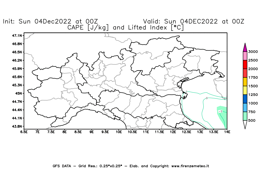 Mappa di analisi GFS - CAPE [J/kg] e Lifted Index [°C] in Nord-Italia
							del 04/12/2022 00 <!--googleoff: index-->UTC<!--googleon: index-->