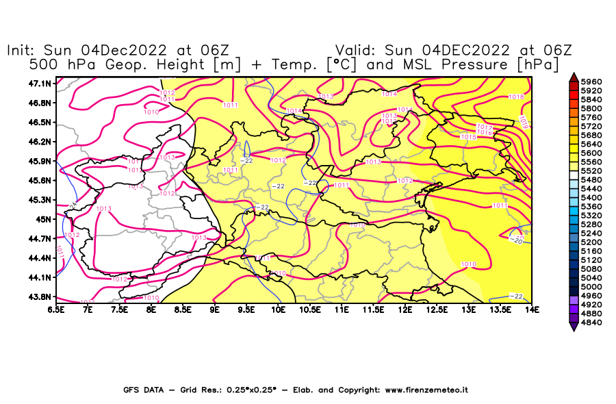 Mappa di analisi GFS - Geopotenziale [m] + Temp. [°C] a 500 hPa + Press. a livello del mare [hPa] in Nord-Italia
							del 04/12/2022 06 <!--googleoff: index-->UTC<!--googleon: index-->