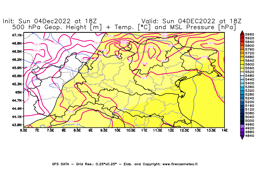 Mappa di analisi GFS - Geopotenziale [m] + Temp. [°C] a 500 hPa + Press. a livello del mare [hPa] in Nord-Italia
							del 04/12/2022 18 <!--googleoff: index-->UTC<!--googleon: index-->