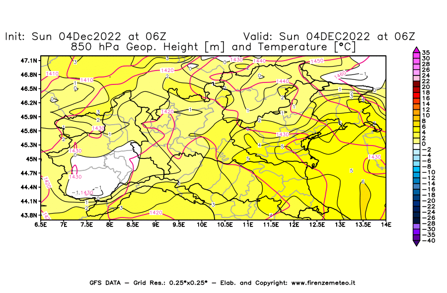 Mappa di analisi GFS - Geopotenziale [m] e Temperatura [°C] a 850 hPa in Nord-Italia
							del 04/12/2022 06 <!--googleoff: index-->UTC<!--googleon: index-->